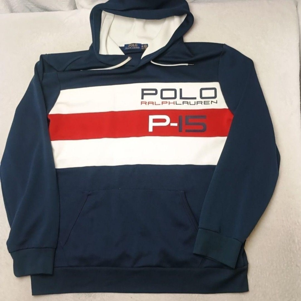 Polo Ralph Lauren P-15 Hoodie Mens XL Red White Blue USA Pullover Striped Work